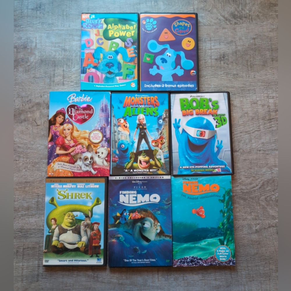 Kids DVD & book lot - Disney, Barbie, Blues Clues, Monsters vs. Aliens, Shrek